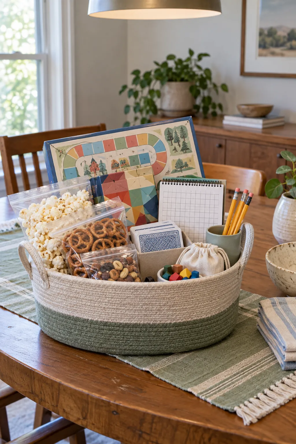 Family game night basket with board game, card game, score pad, pencils, and snacks