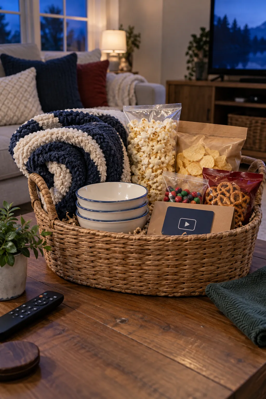 Family movie night basket with popcorn, snacks, blanket, bowl, and streaming card