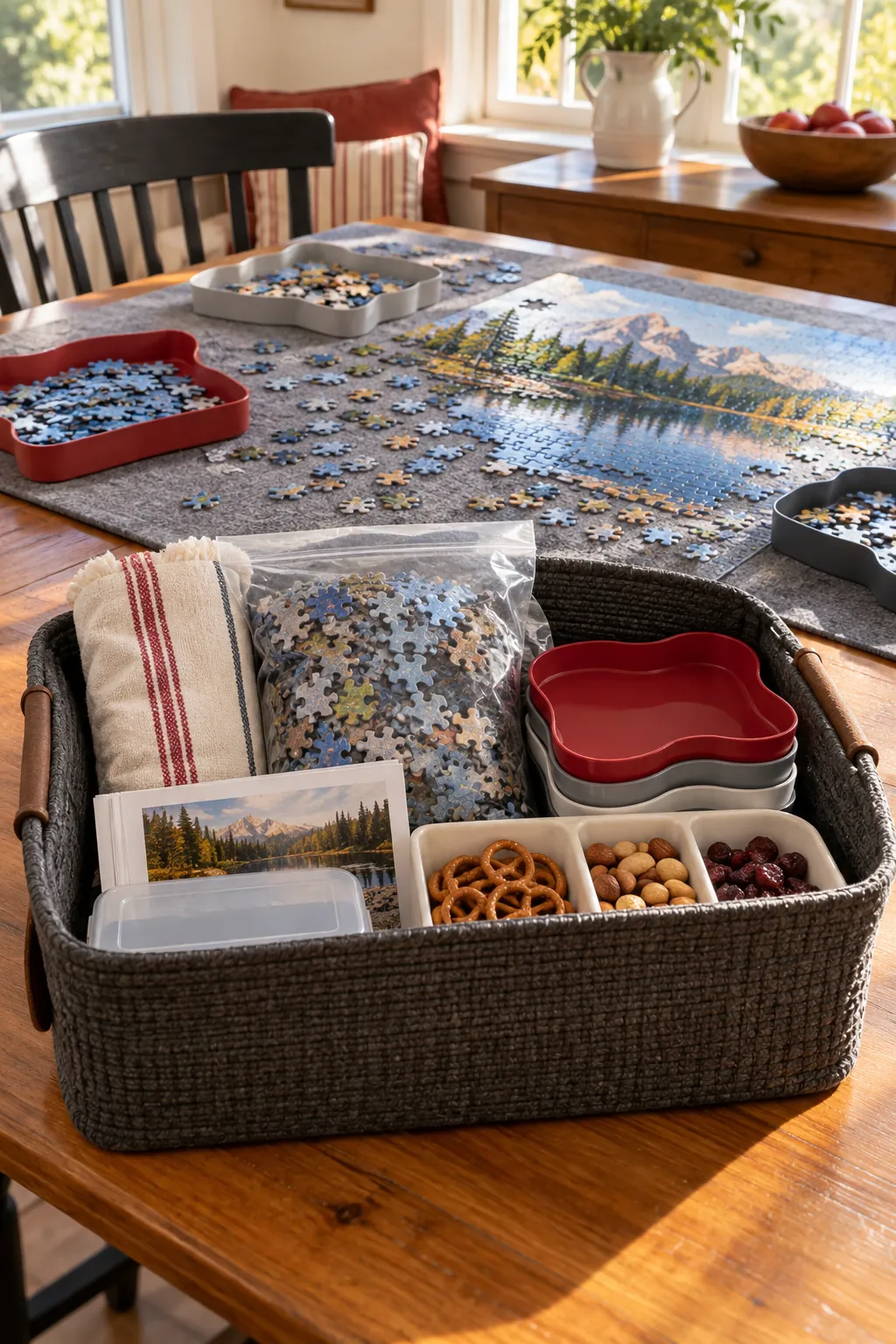 Family puzzle basket with large jigsaw puzzle, sorting trays, snacks, and table cover