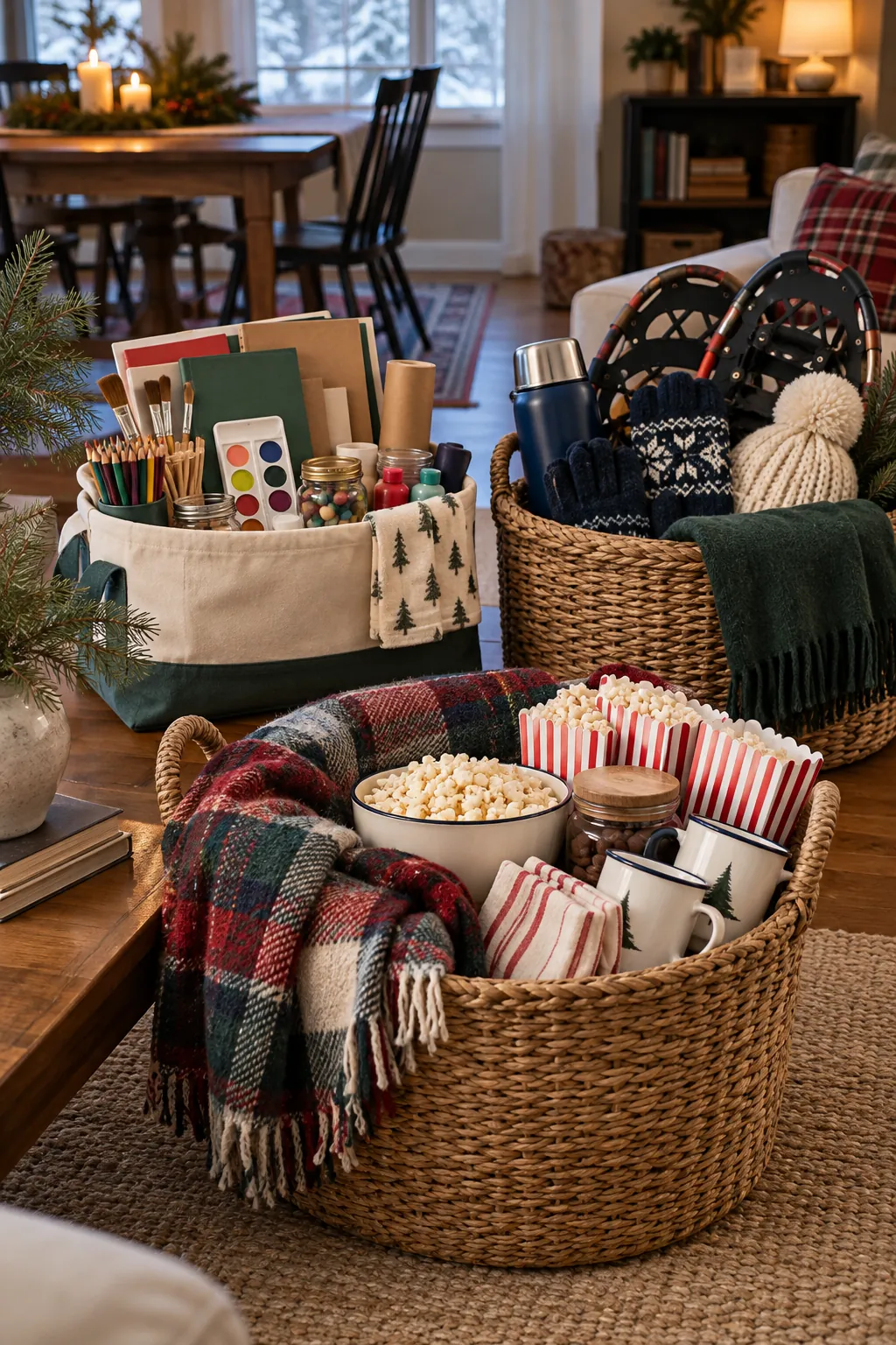 Christmas gift baskets for families with shared movie, art, and outing activities