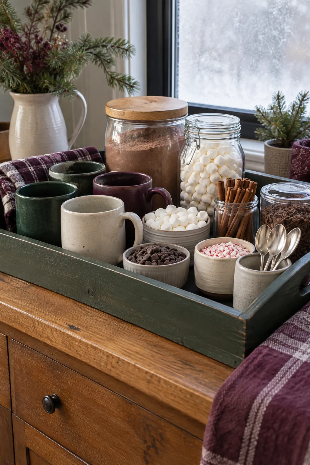 Family hot chocolate basket with cocoa, mugs, toppings, spoons, and serving tray