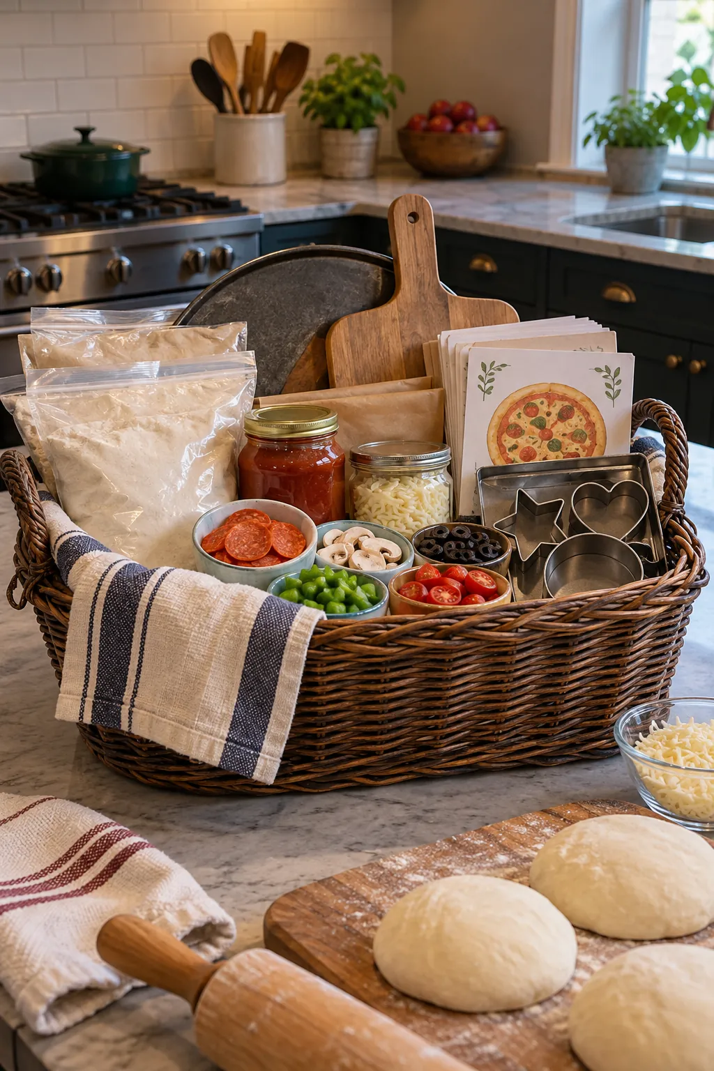Family pizza making basket with dough mix, sauce, toppings, cutters, and recipe cards