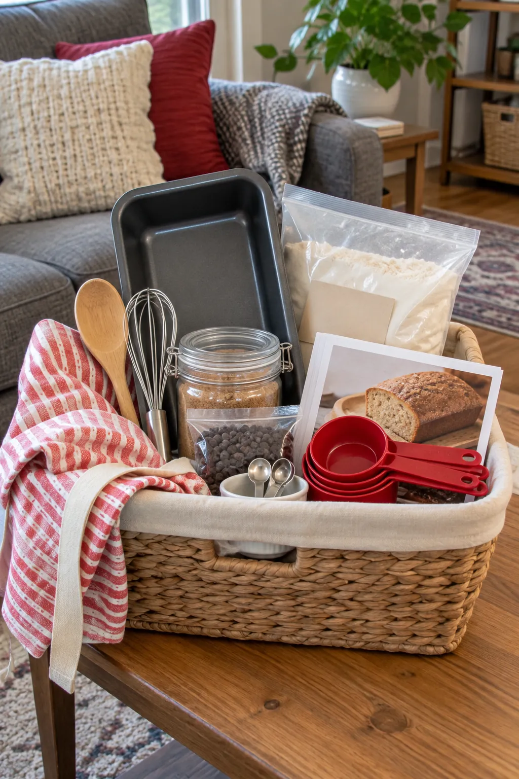 Family baking basket with loaf pan, mix, measuring tools, apron, and recipe