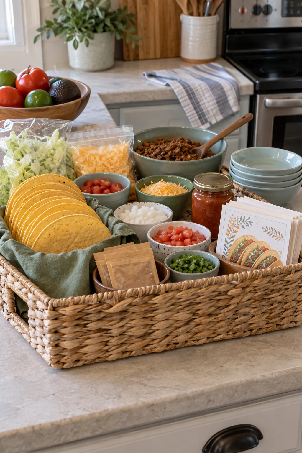 Family taco supper basket with shells, seasoning, salsa, serving bowls, and menu cards