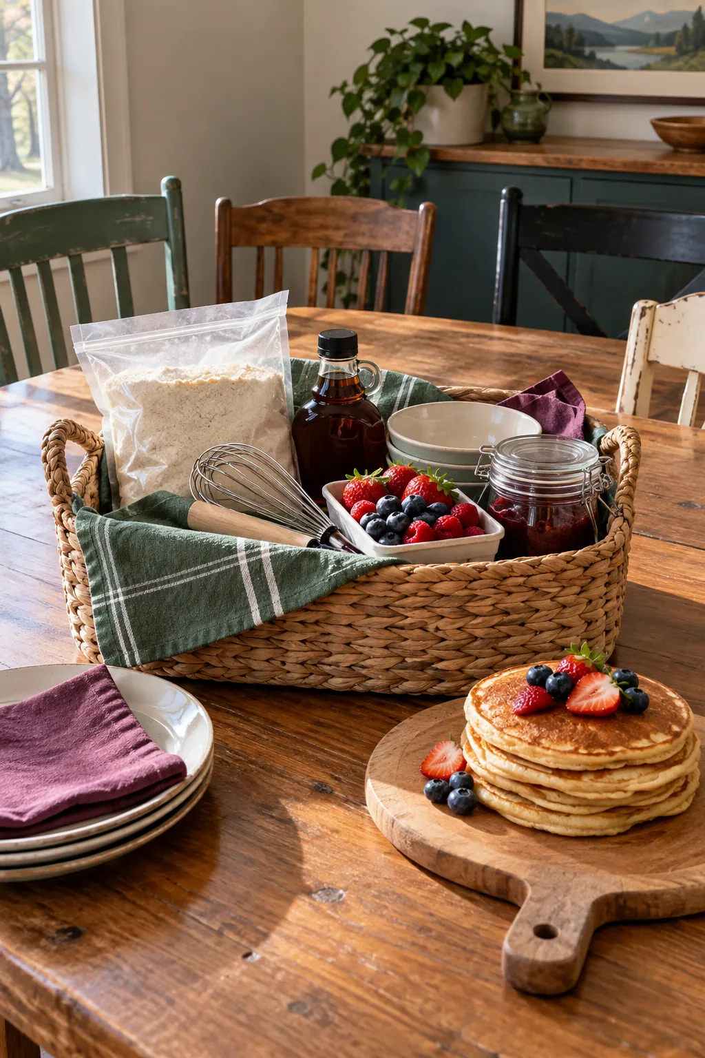 Family pancake breakfast basket with mix, syrup, whisk, fruit topping, and serving board