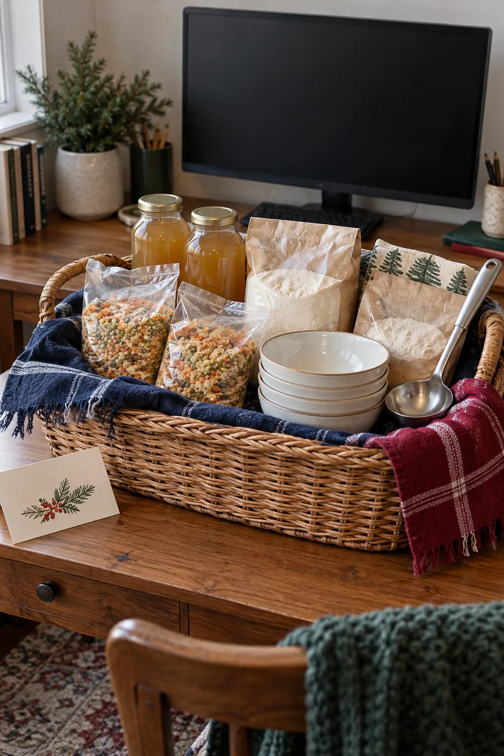 Family soup and bread basket with soup mix, broth, bread mix, bowl, and ladle