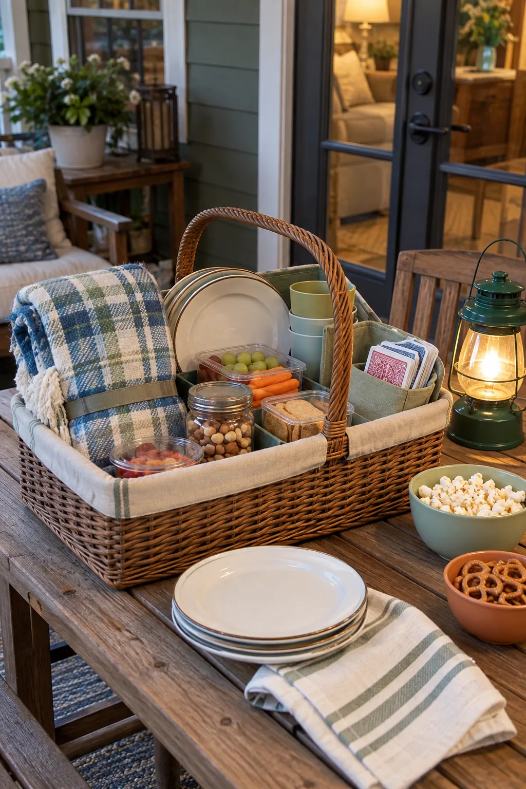 Indoor family picnic basket with washable blanket, plates, snacks, cards, and lantern