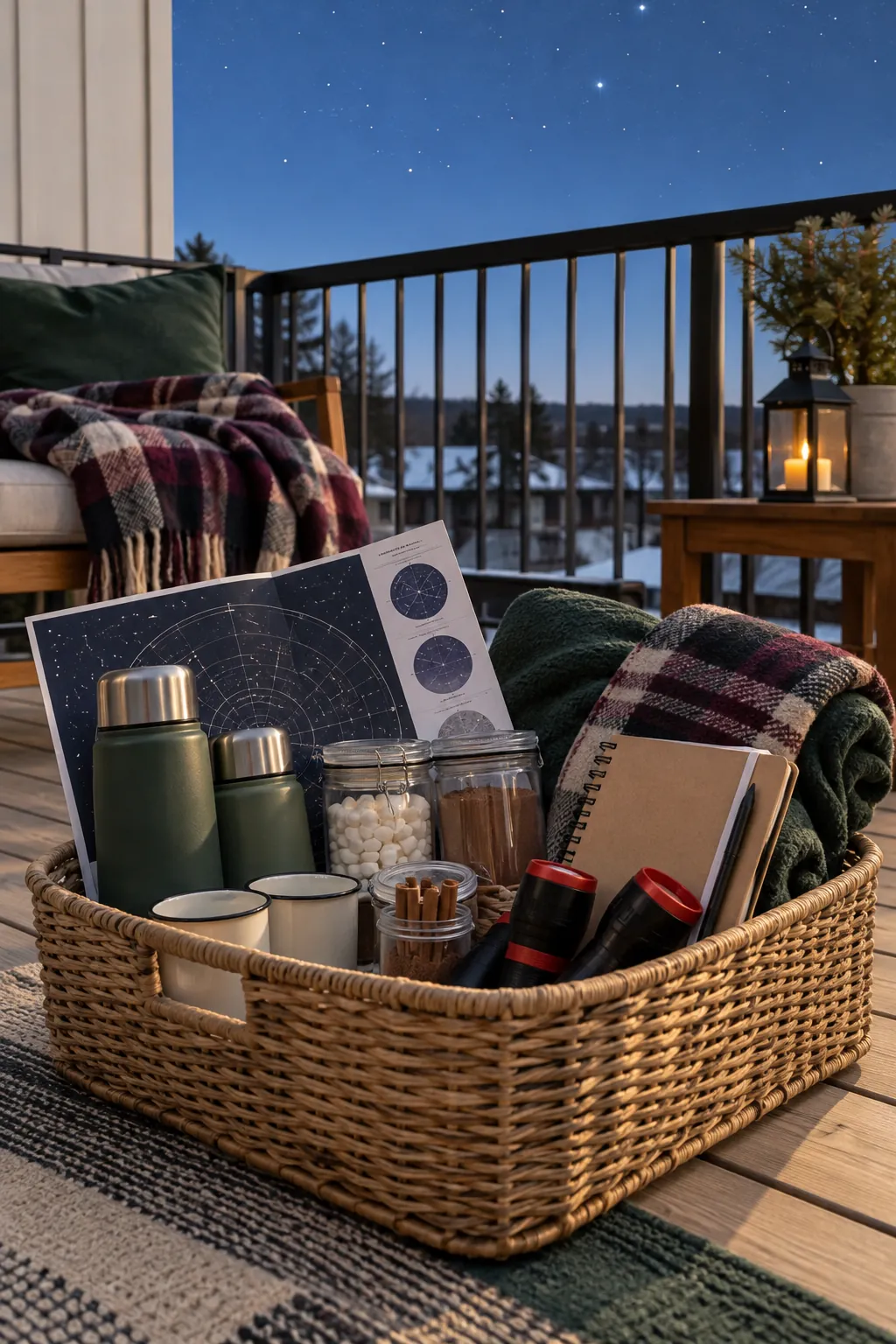 Family stargazing basket with sky guide, red flashlight, blanket, cocoa, and notebook