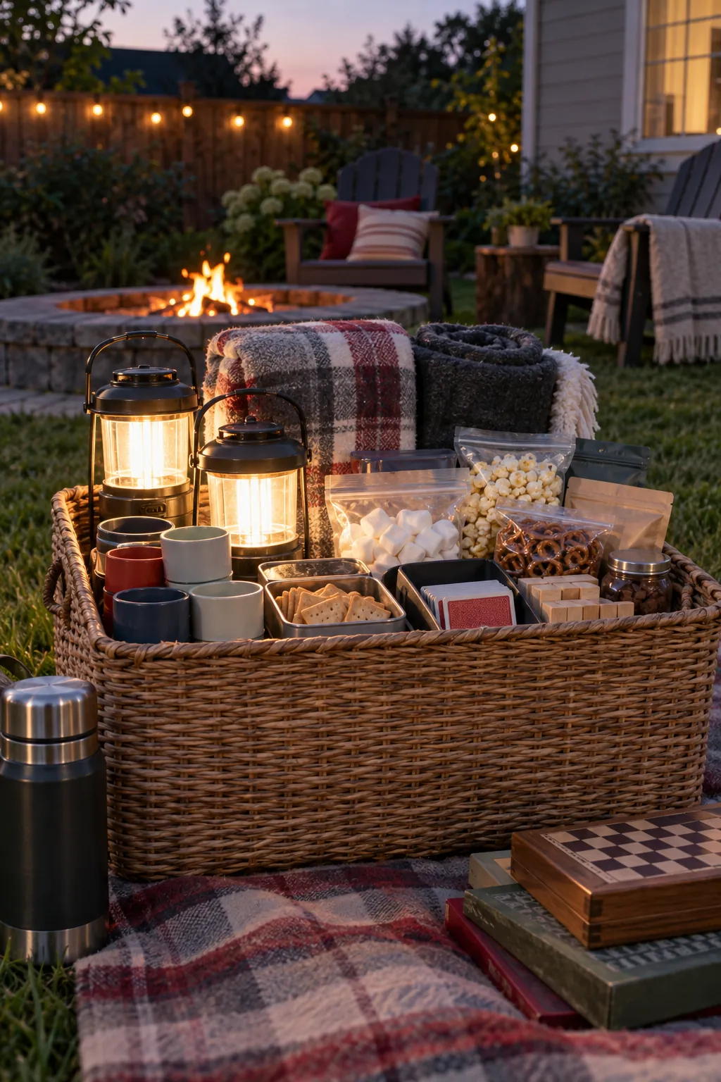 Backyard family camp basket with lanterns, blankets, cups, games, and snack supplies