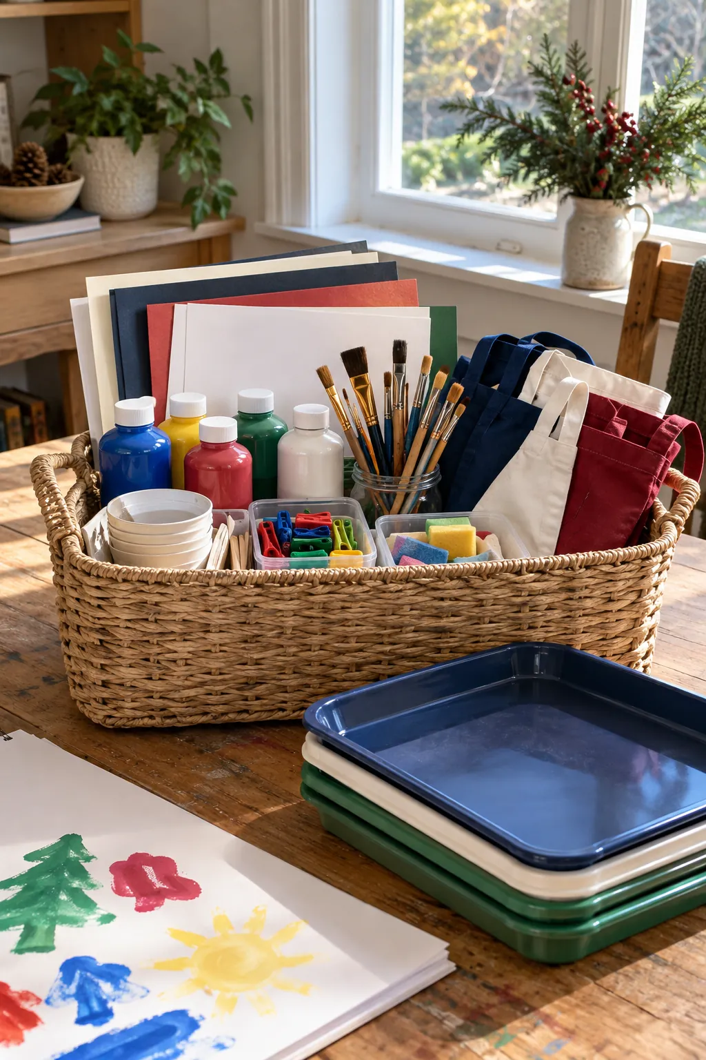 Family art basket with paper, washable paint, brushes, aprons, trays, and clips