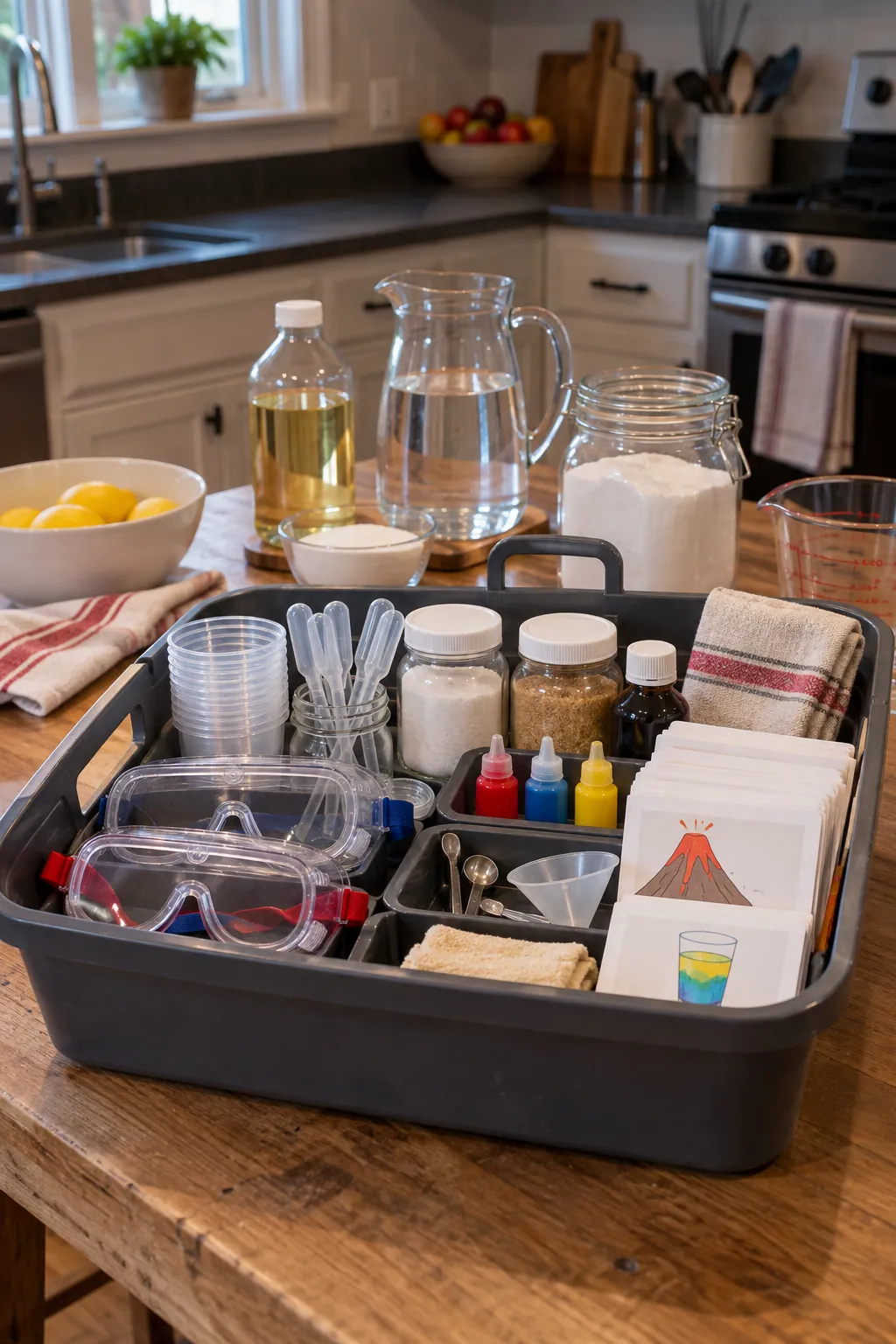 Family kitchen science basket with goggles, cups, droppers, ingredients, and experiment cards