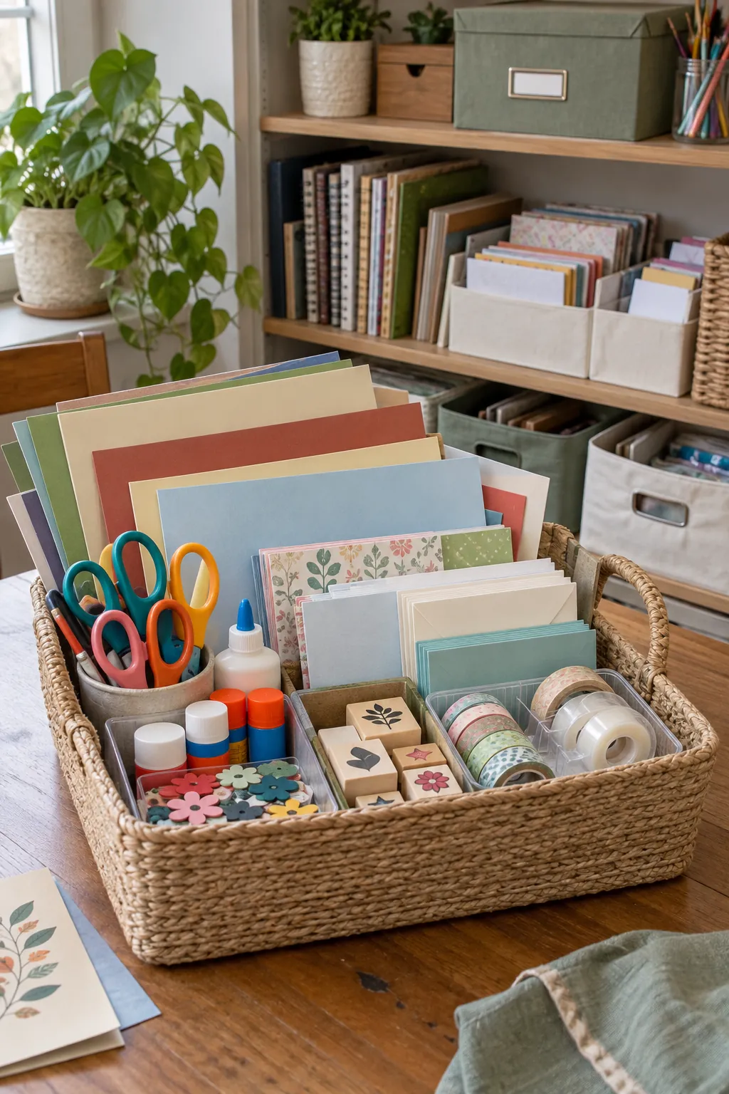 Family paper craft basket with cardstock, scissors, glue, stamps, tape, and storage box