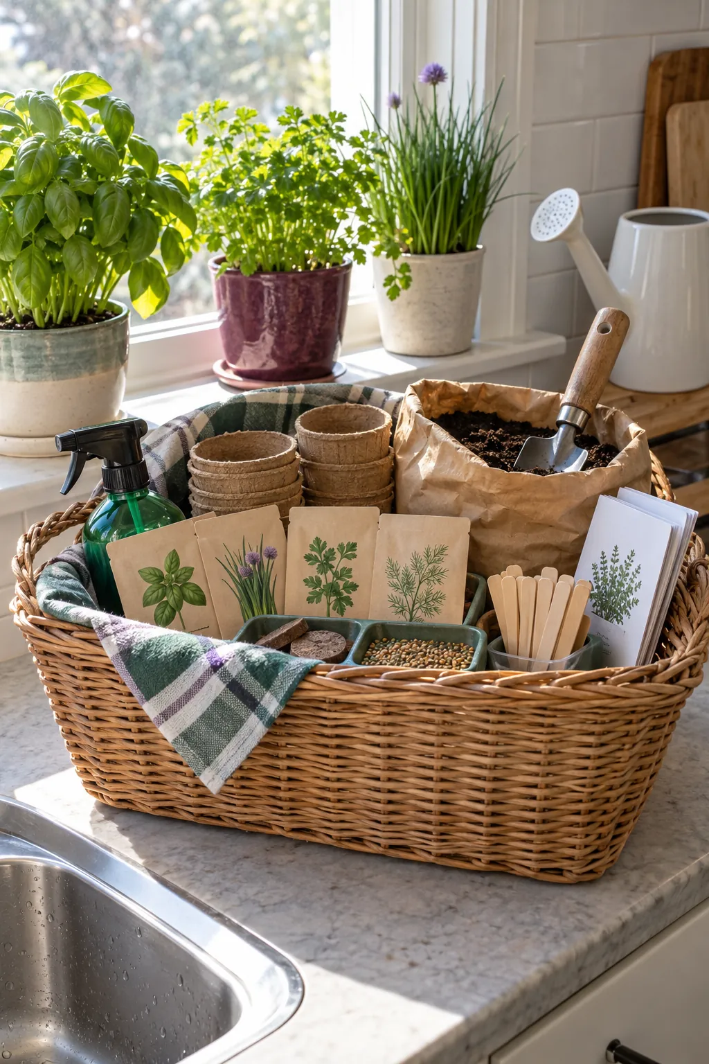 Family windowsill garden basket with herb seeds, pots, soil, labels, tray, and guide