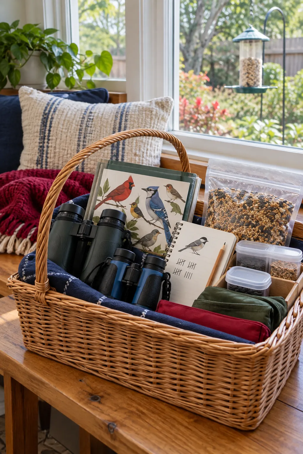 Family birdwatch basket with feeder, seed, binoculars, field guide, and tally notebook