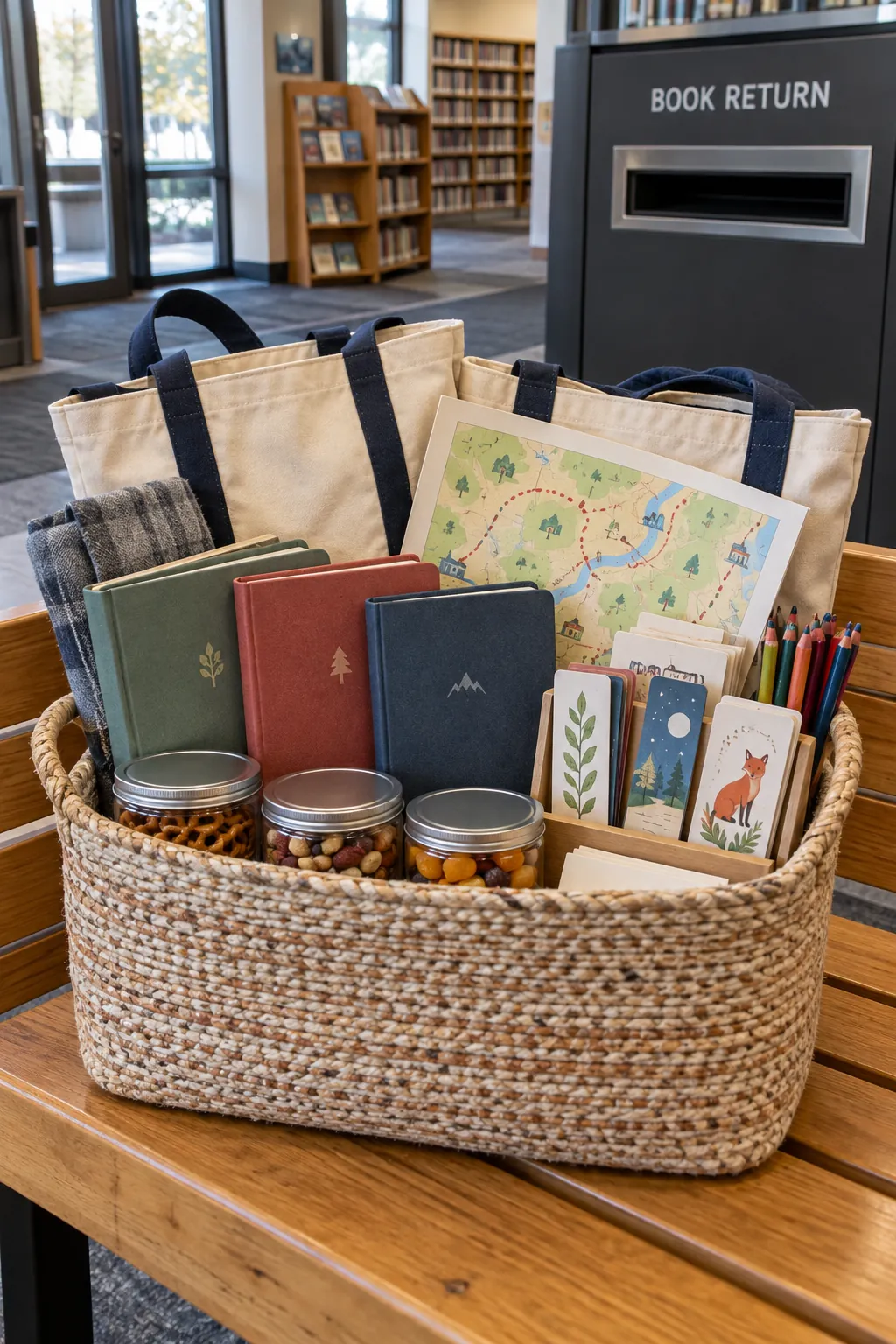 Family library adventure basket with tote bags, reading journals, bookmarks, map, and snack tins