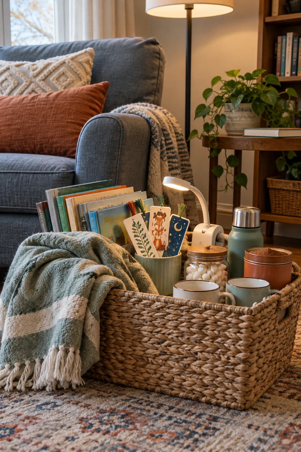 Family read aloud basket with books, blanket, reading light, bookmarks, and cocoa