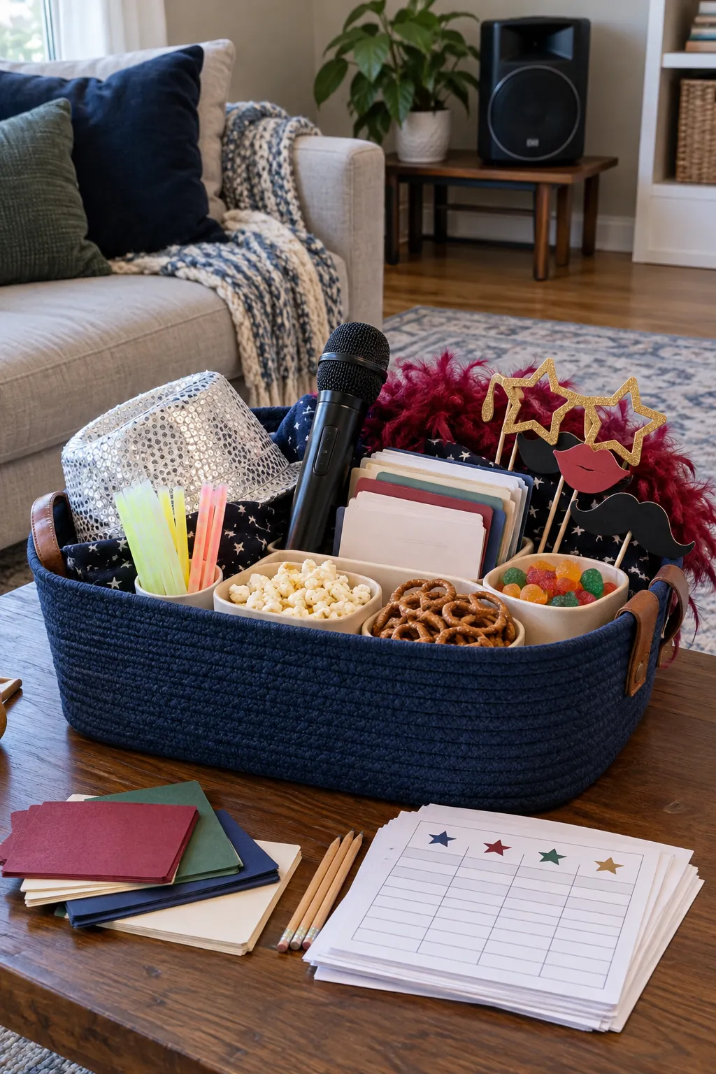 Family karaoke basket with compatible microphone, song cards, props, snacks, and score sheets