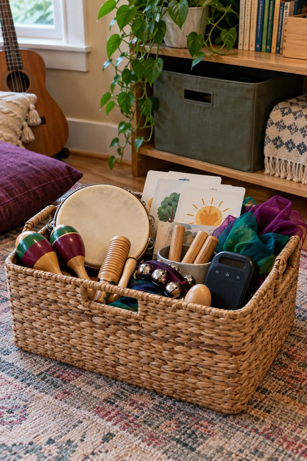 Family music basket with rhythm instruments, song cards, recording device, and storage bin