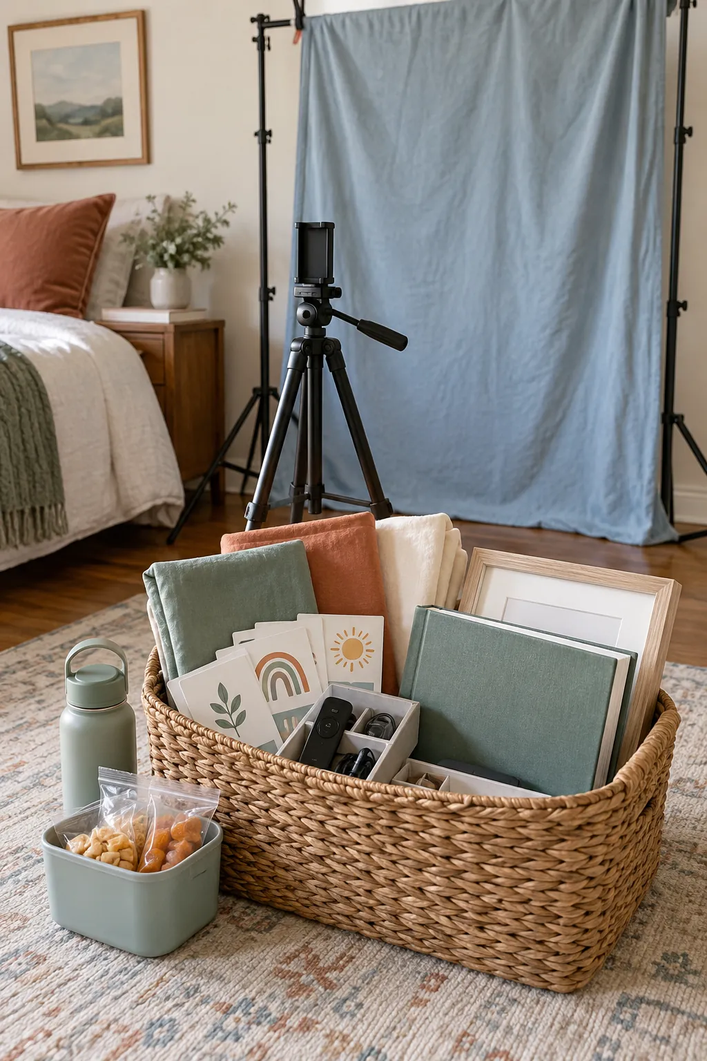Family photo basket with tripod, remote, backdrop cloth, prompt cards, frame, and album