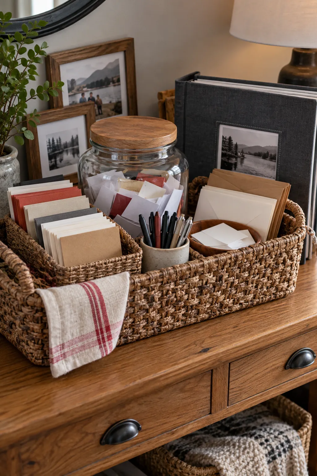 Family memory jar basket with large jar, prompt cards, pens, envelopes, and album