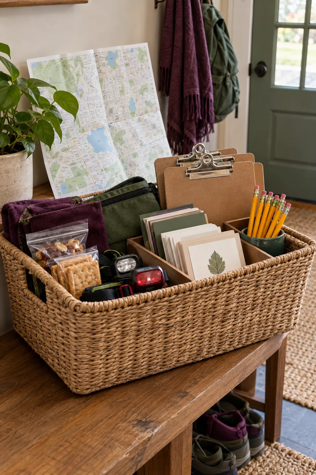 Family scavenger hunt basket with clue cards, clipboards, pencils, map, and safety lights