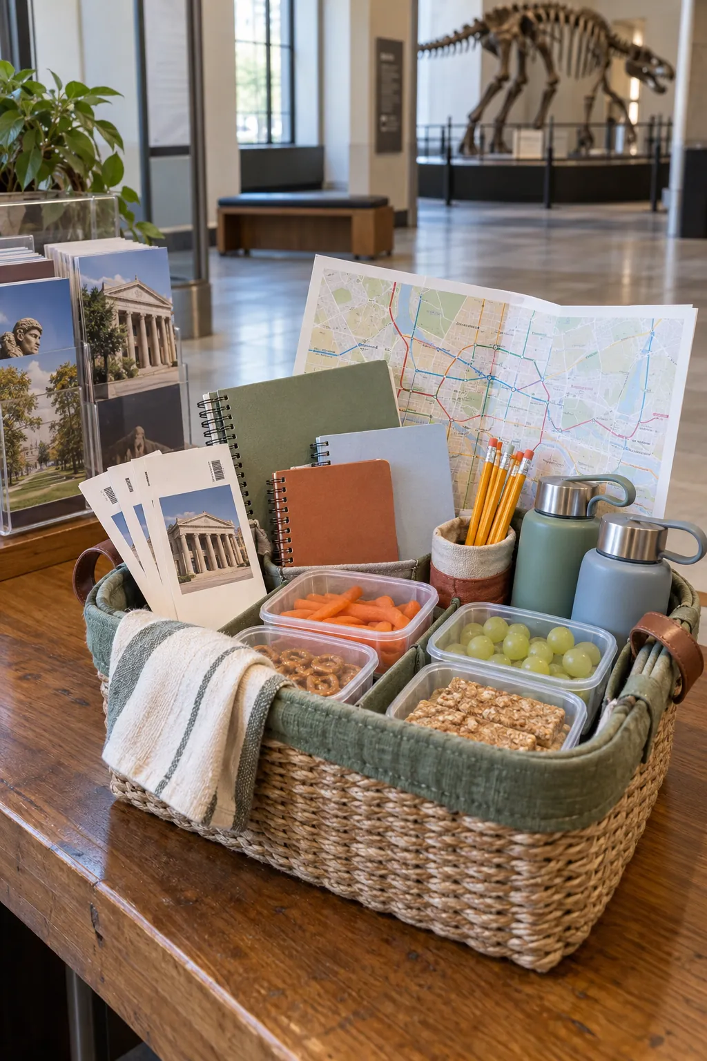 Family museum day basket with admission voucher, notebooks, pencils, snack boxes, and transit map
