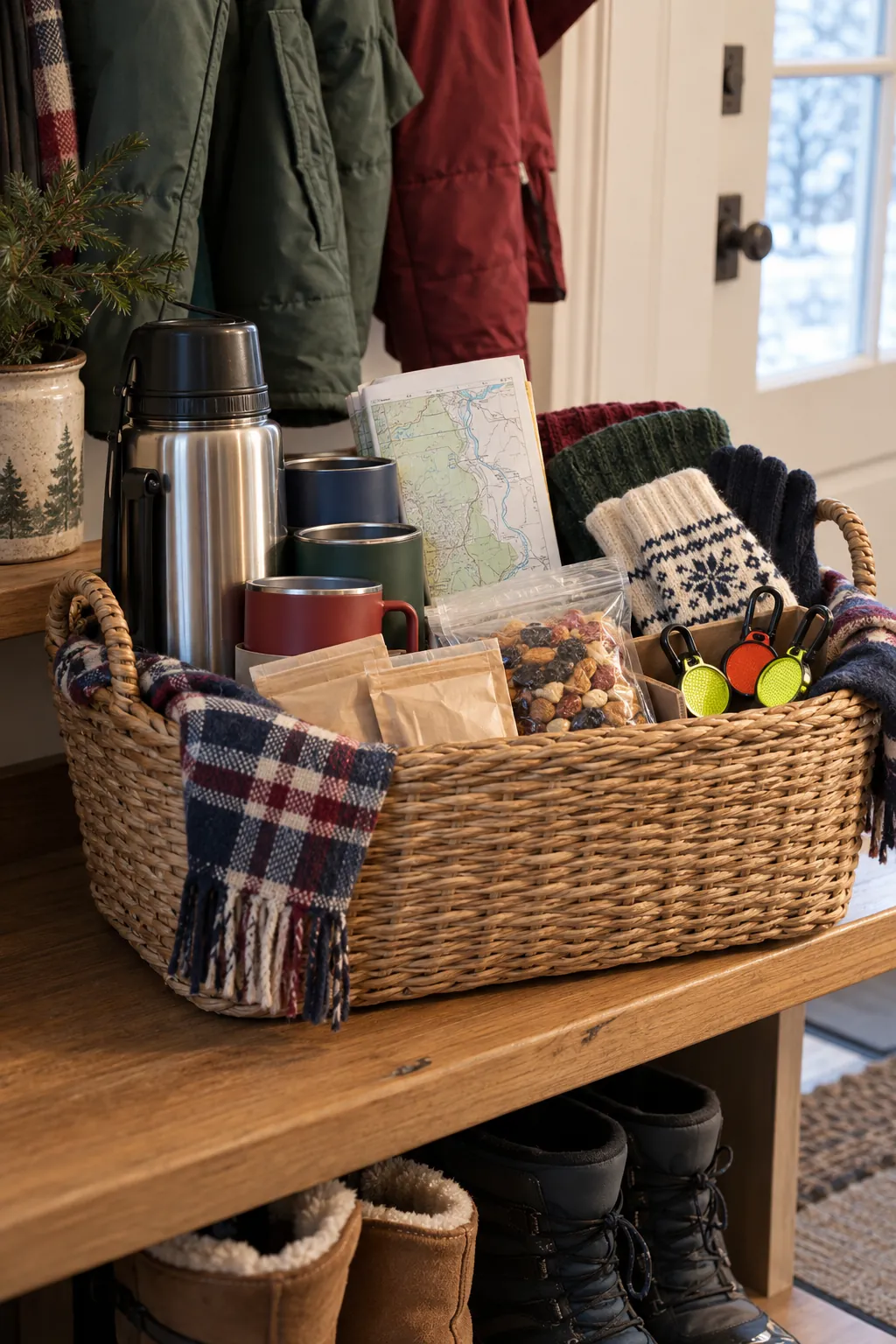 Family winter walk basket with thermos, cups, hand warmers, trail map, and reflective clips