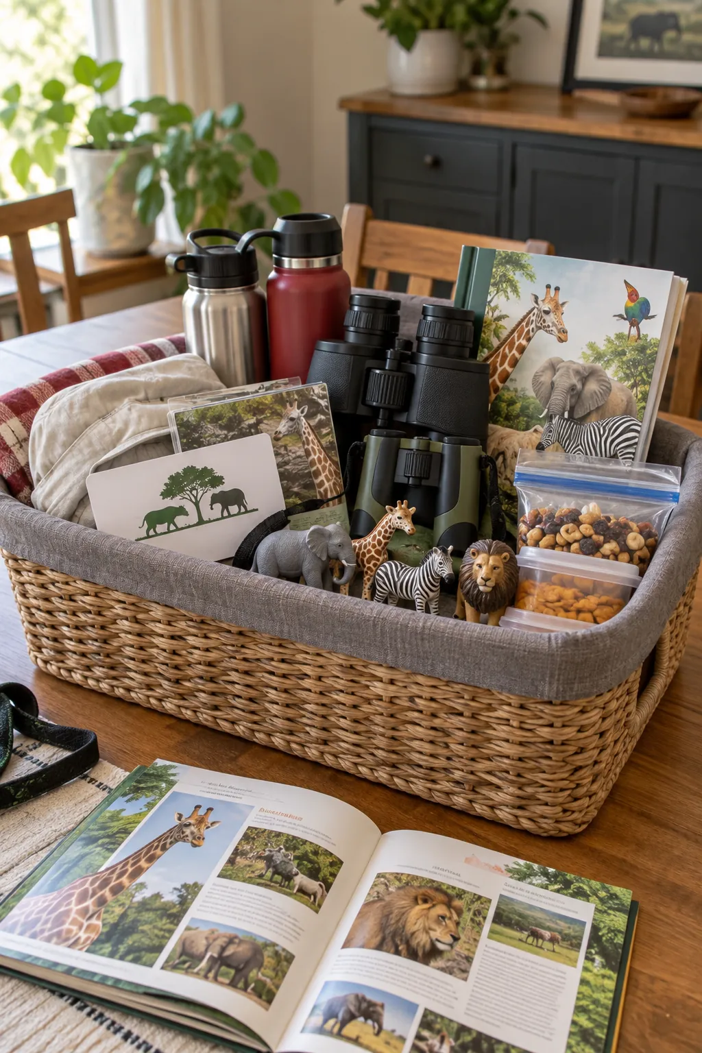 Family zoo membership basket with membership card, animal guide, binoculars, water bottles, and toy animals