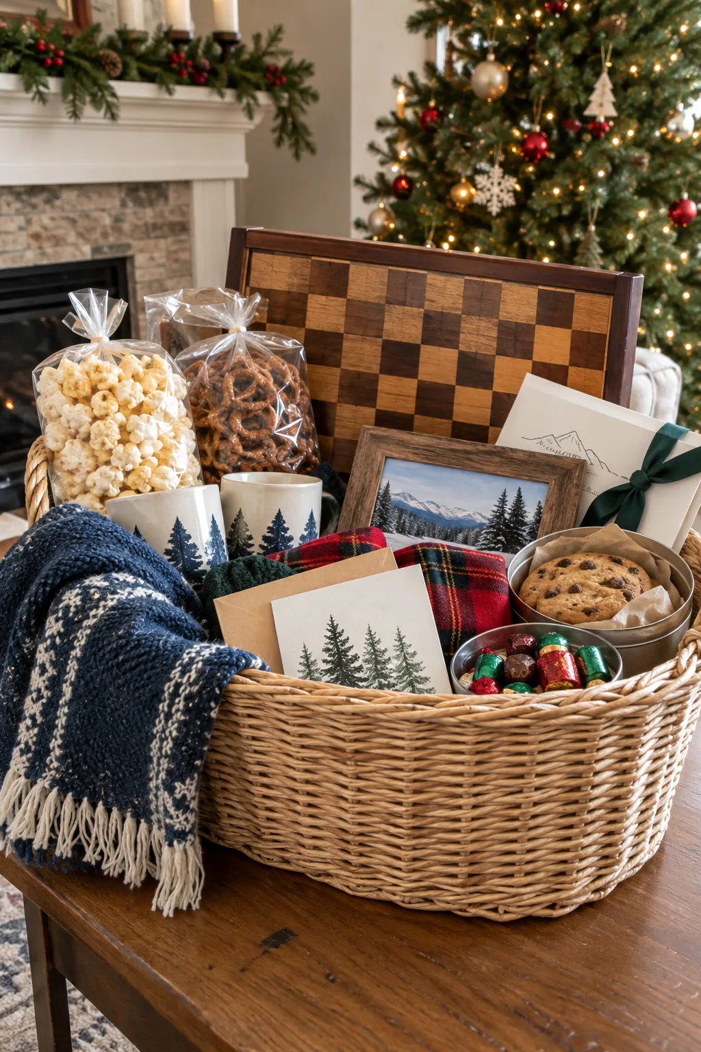 Personalized family Christmas basket with shared game, favorite snacks, photo, outing voucher, and note