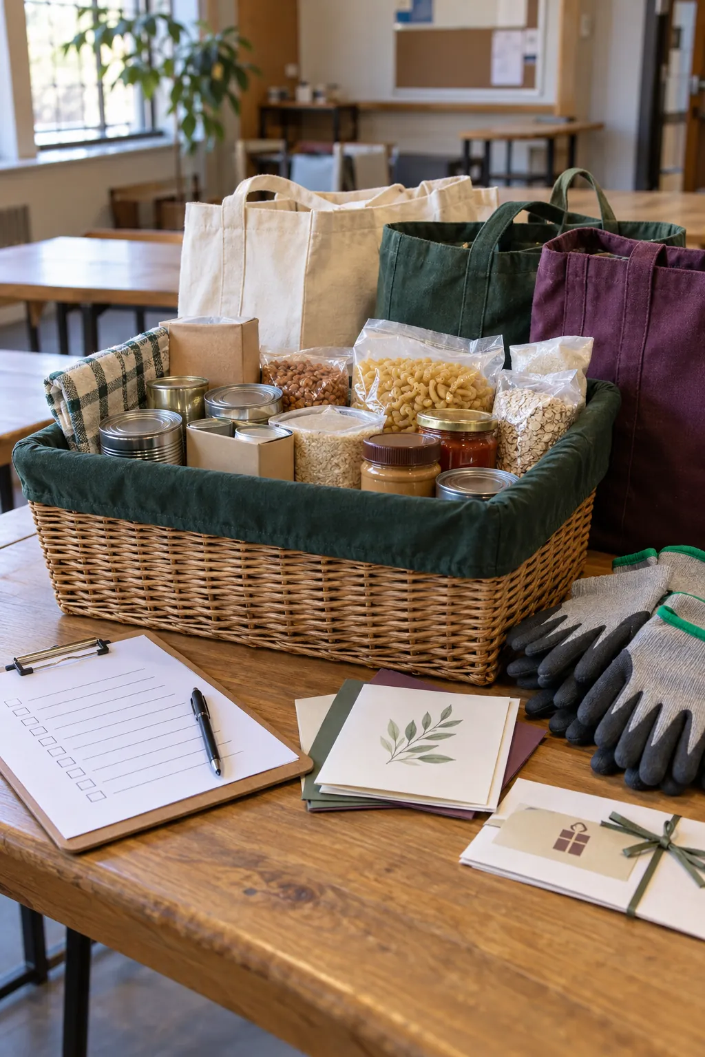 Family service basket with donation list, tote bags, gloves, cards, and community voucher