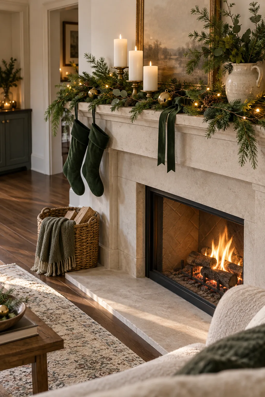 Group Three White Candles Christmas mantel decor