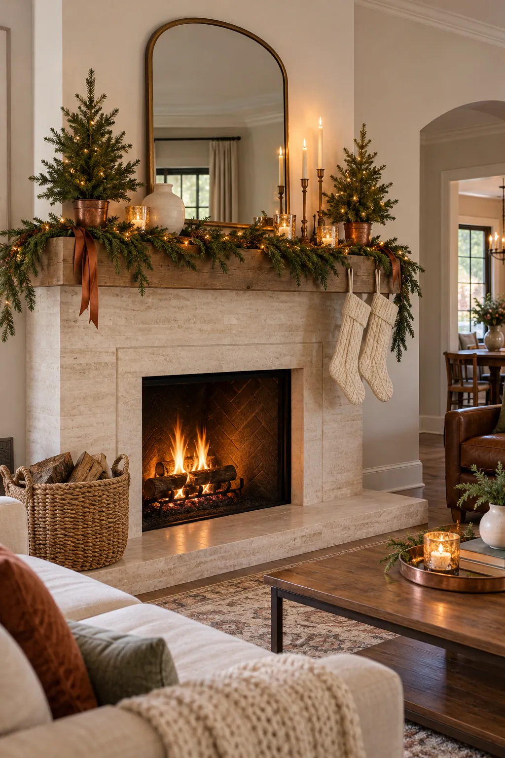 Add Two Mini Evergreen Trees Christmas mantel decor