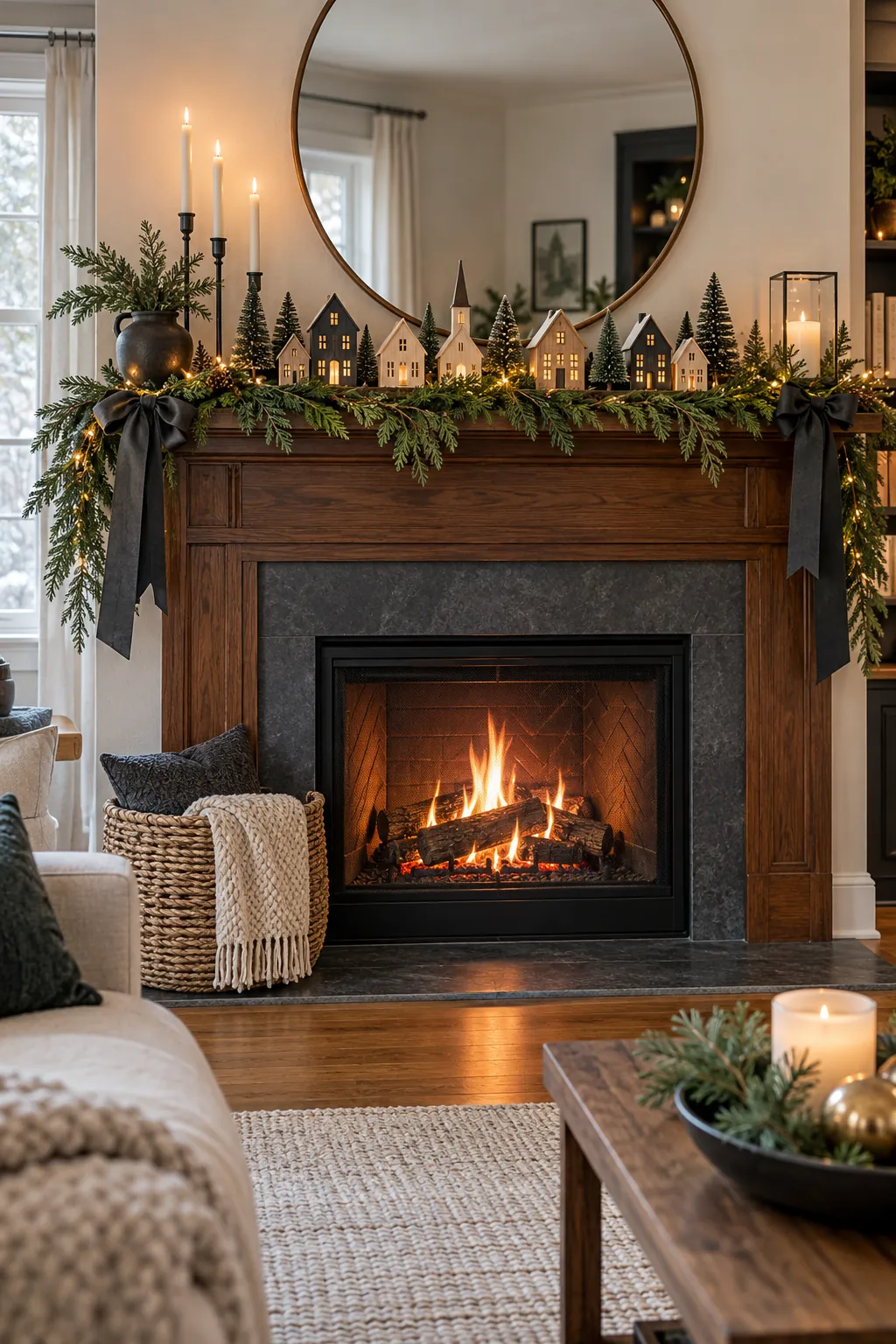Set Out a Small Wood Village Christmas mantel decor