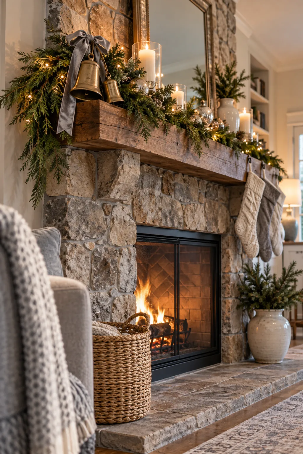 Place Brass Bells at One End Christmas mantel decor