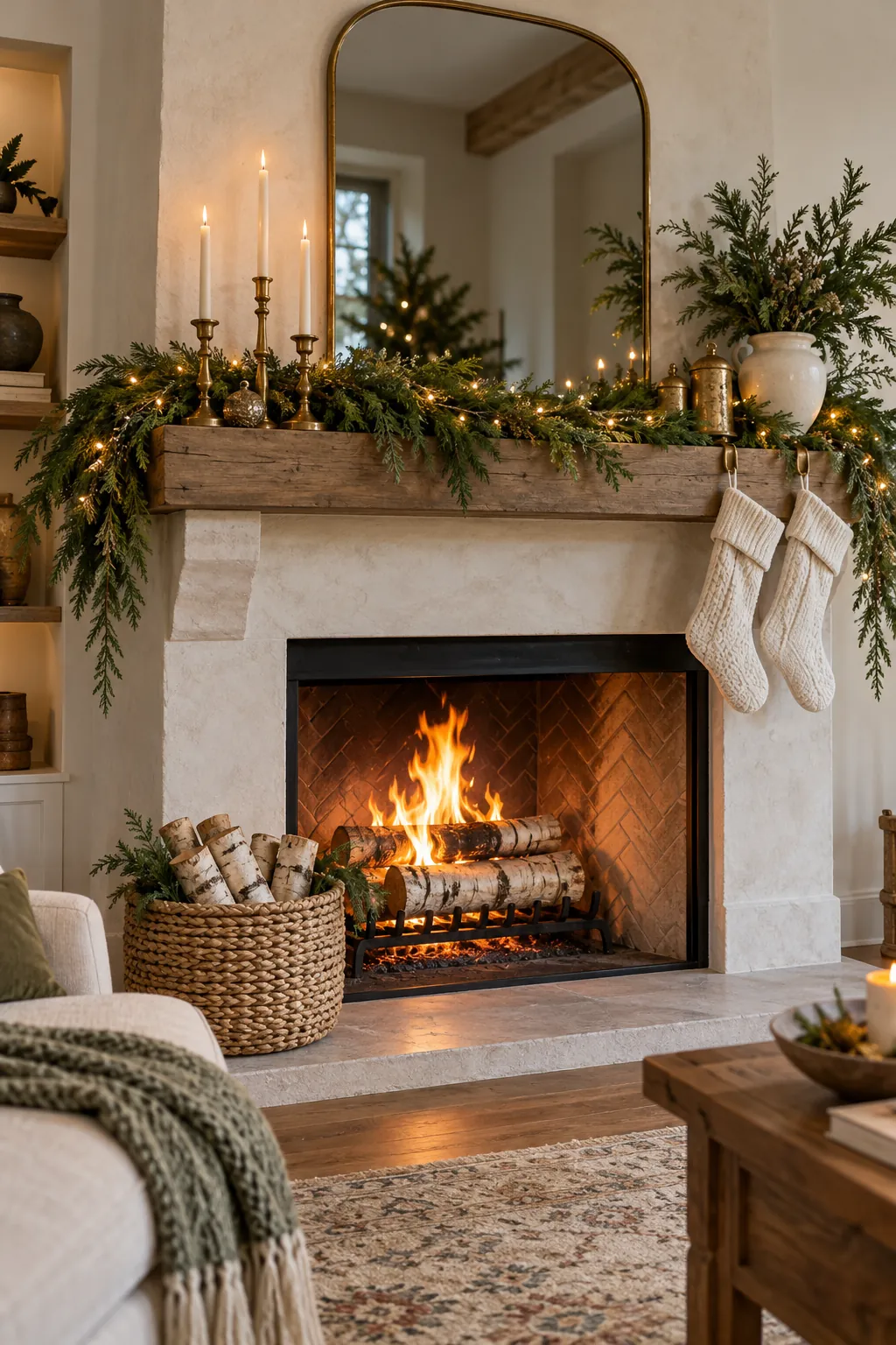 Add Birch Logs to the Hearth Christmas mantel decor