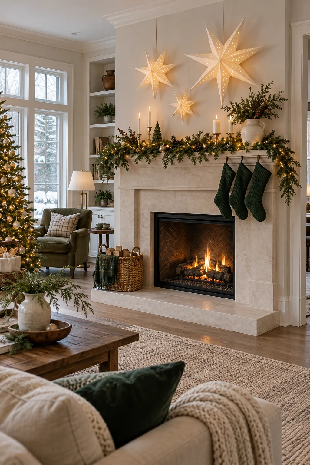 Use Paper Stars Above the Shelf Christmas mantel decor