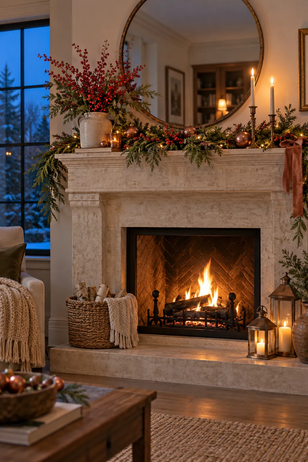 Style Red Berries in Stoneware Christmas mantel decor