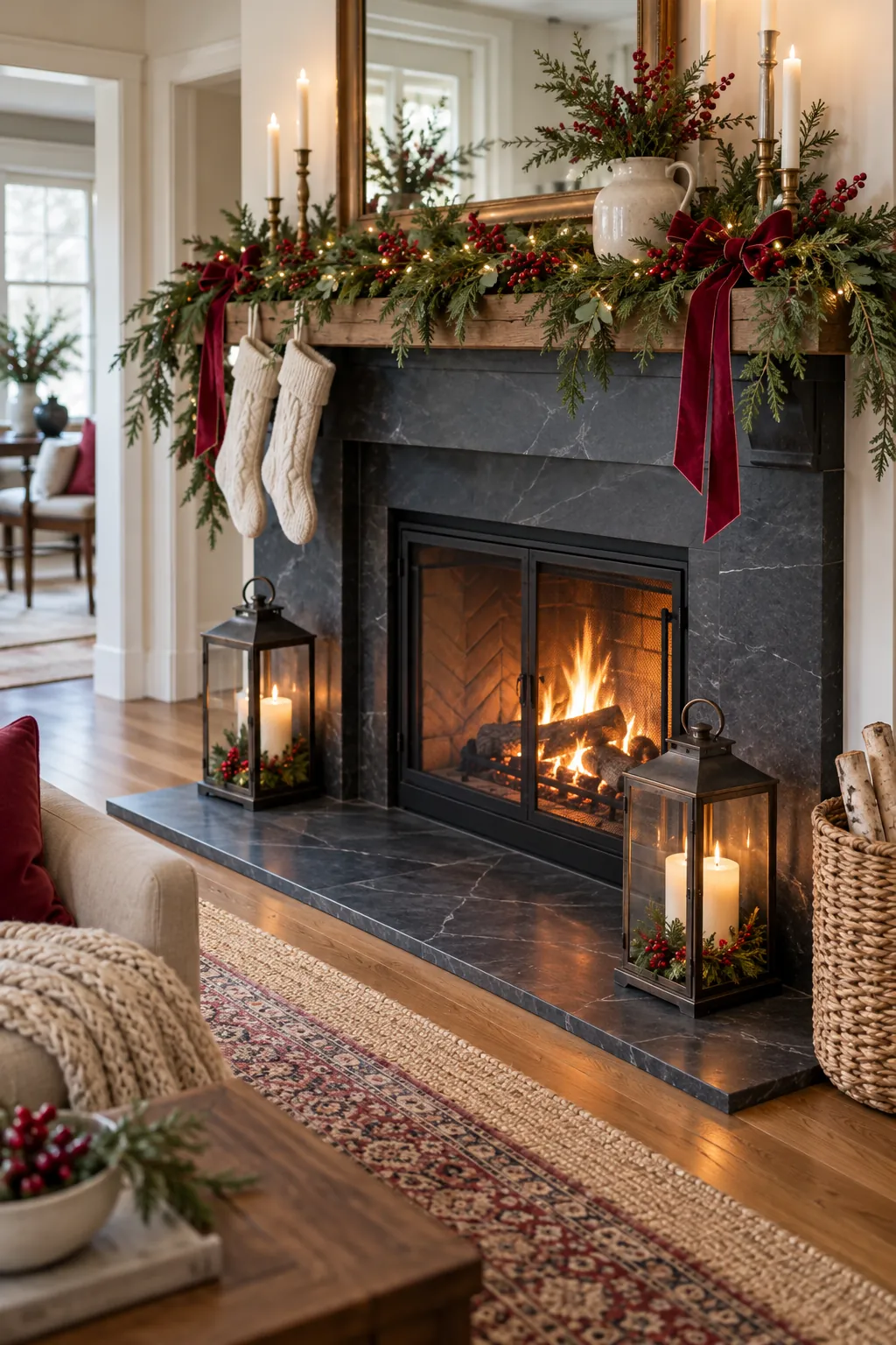 Place Lanterns Beside the Firebox Christmas mantel decor