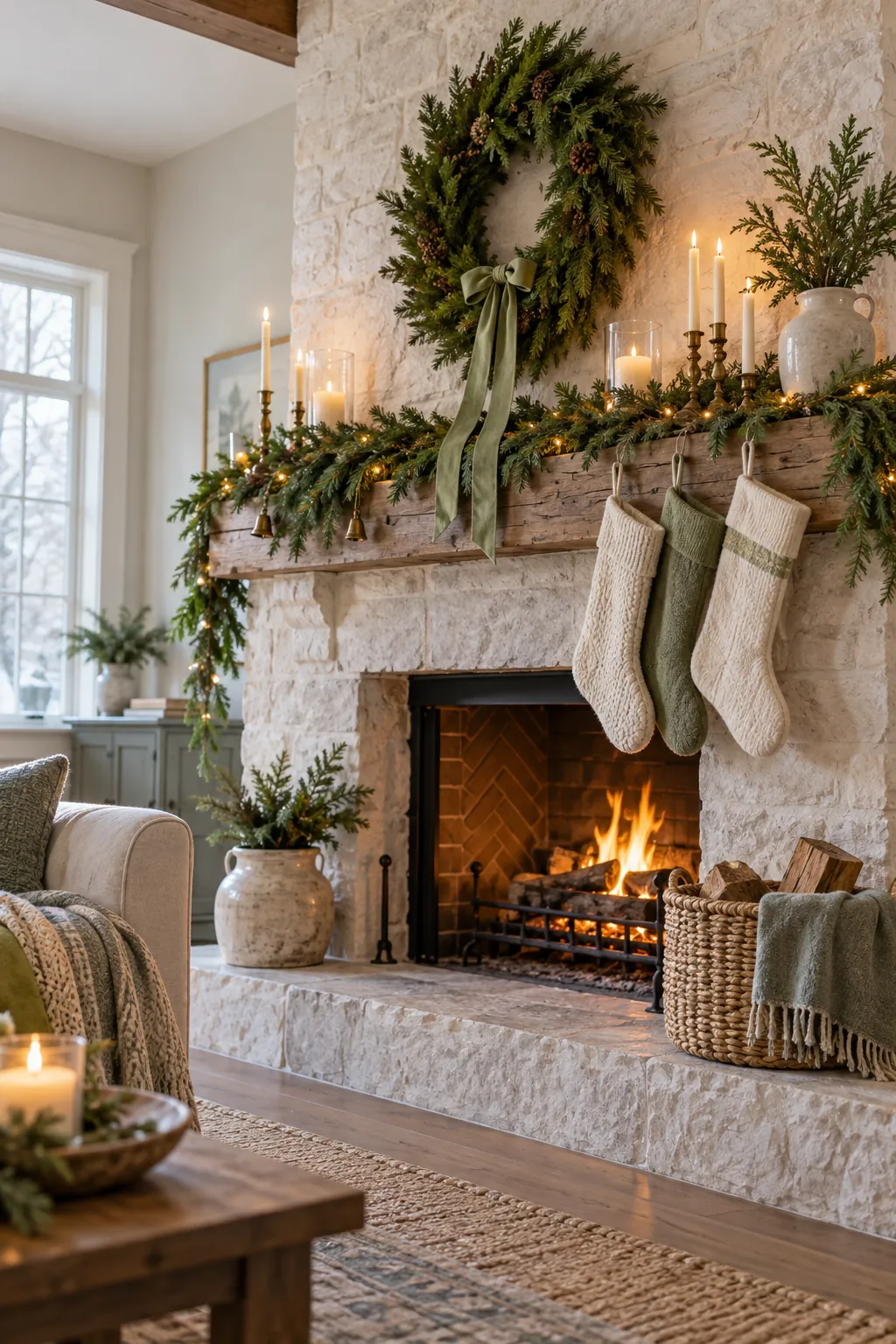 Use a Single Pine Wreath Christmas mantel decor