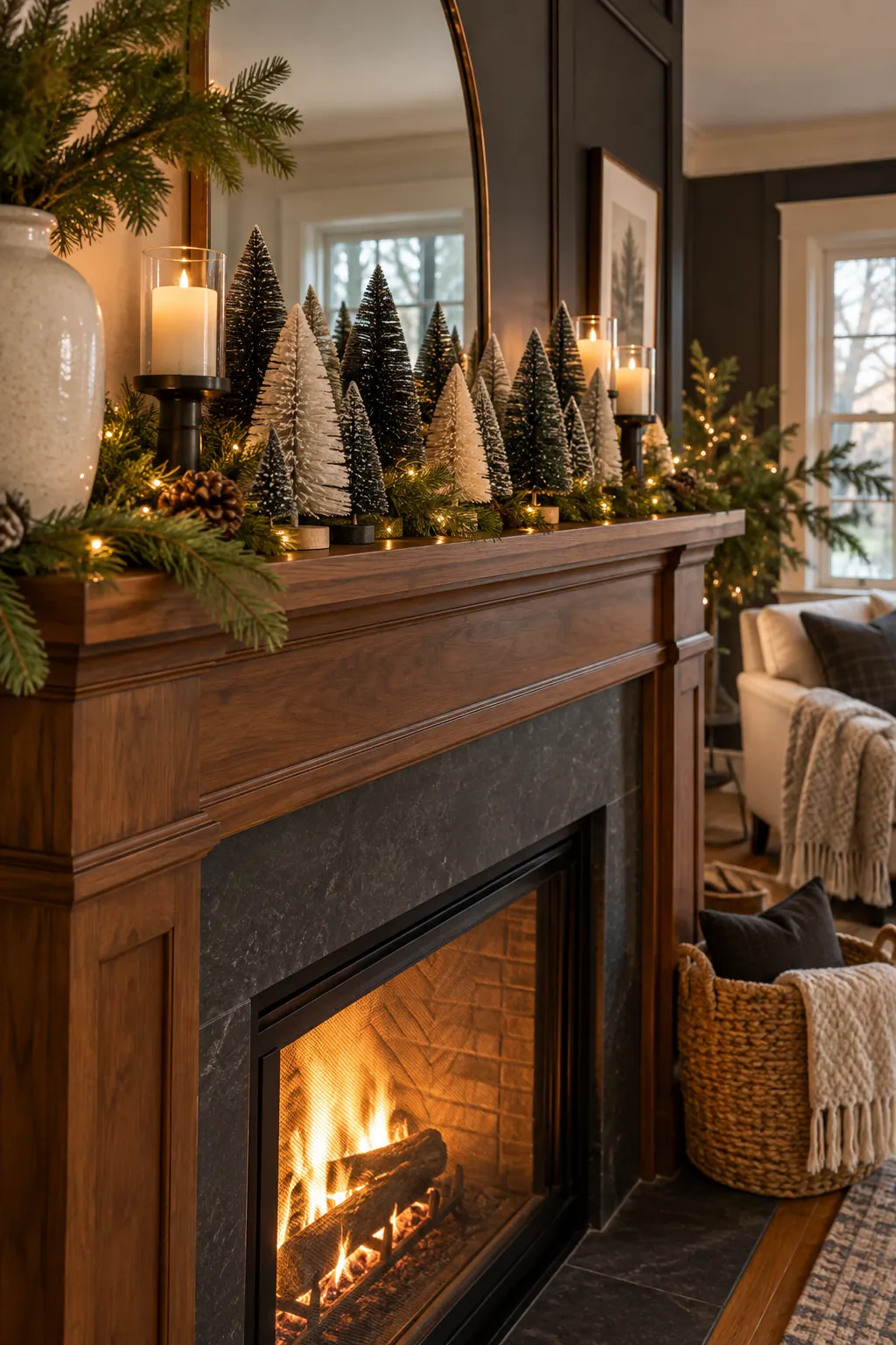 Line Up Bottle Brush Trees Christmas mantel decor