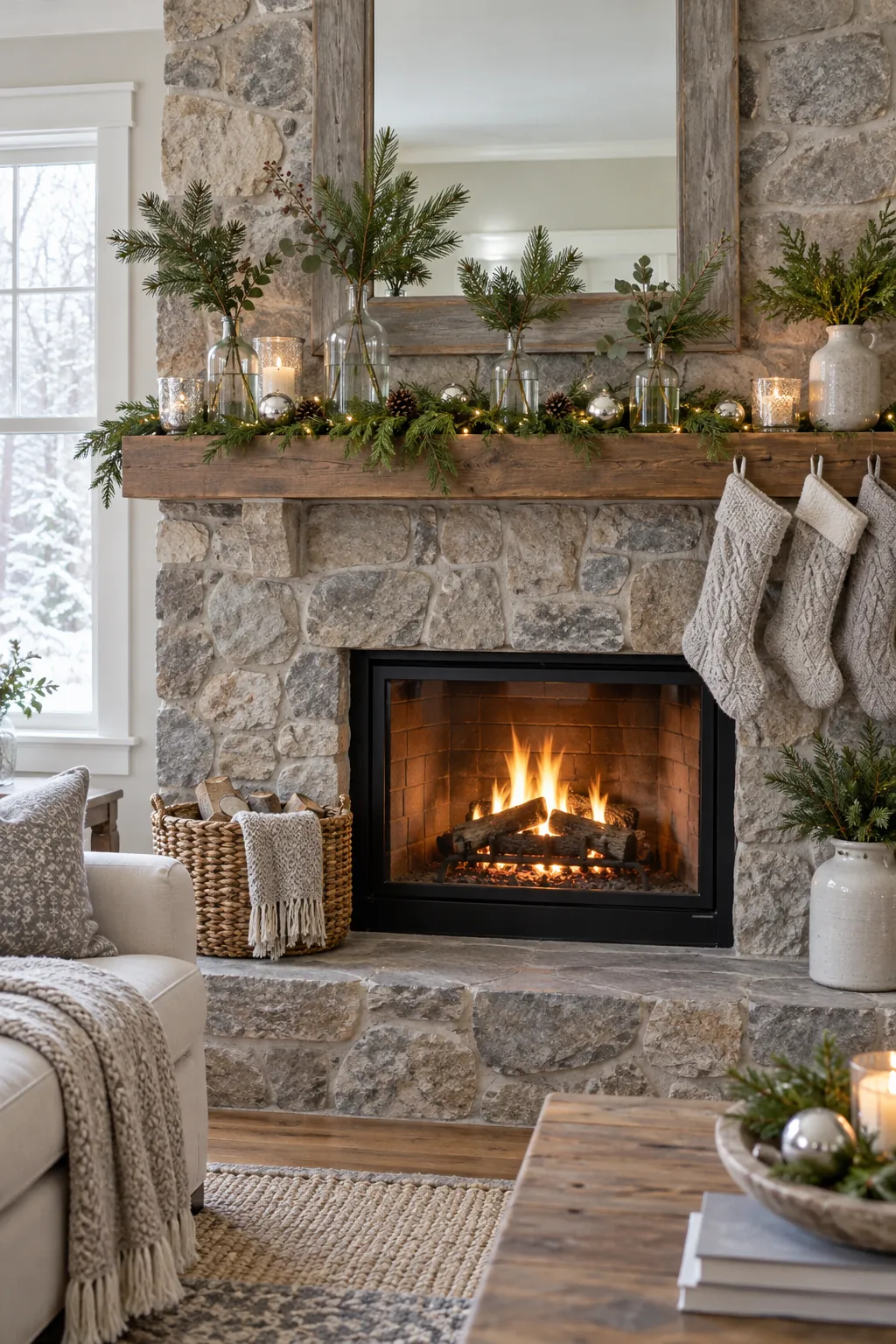 Arrange Sprigs in Glass Bottles Christmas mantel decor