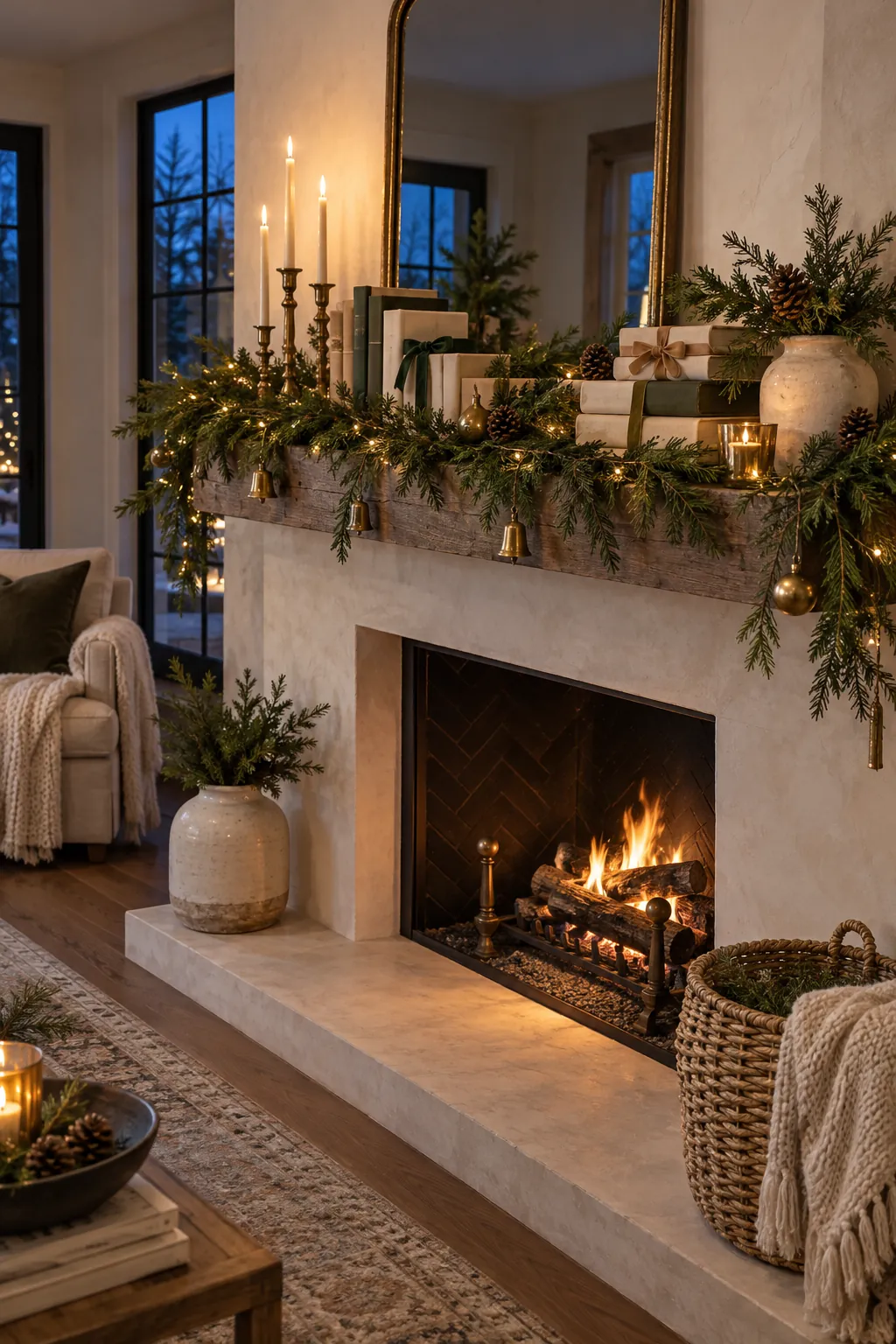 Display Wrapped Books and Pine Christmas mantel decor