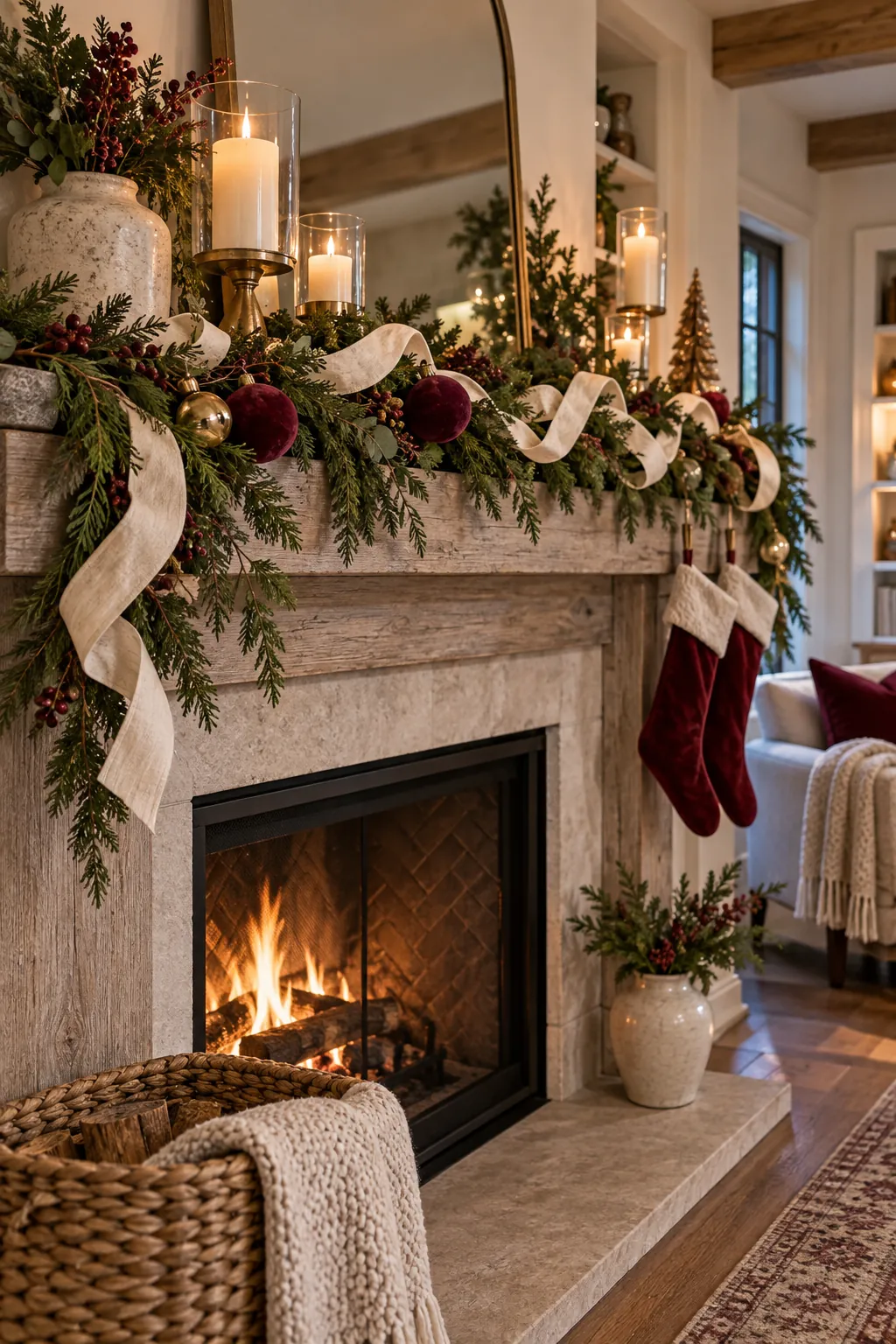 Use Cream Ribbon Through Greenery Christmas mantel decor