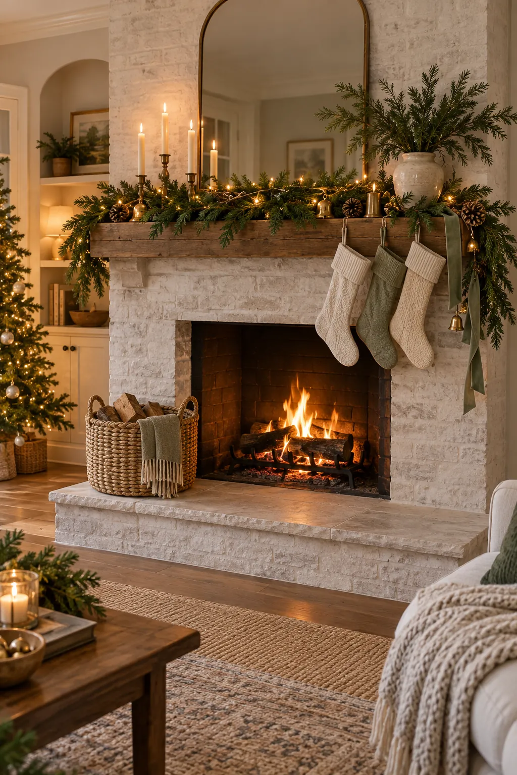 Place a Woven Basket Below Christmas mantel decor