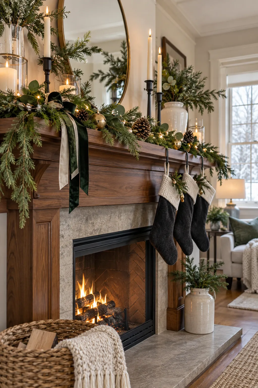 Create a Green and White Palette Christmas mantel decor