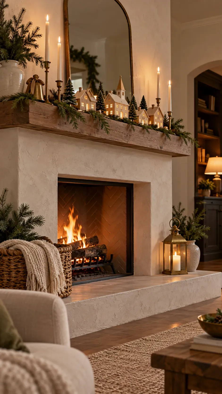 Display a Simple Wood Village Christmas mantel decor