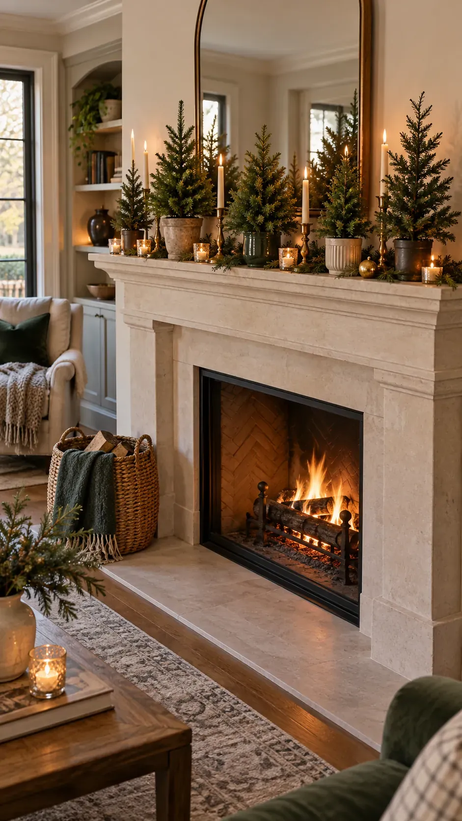Line Up Mini Evergreen Trees Christmas mantel decor