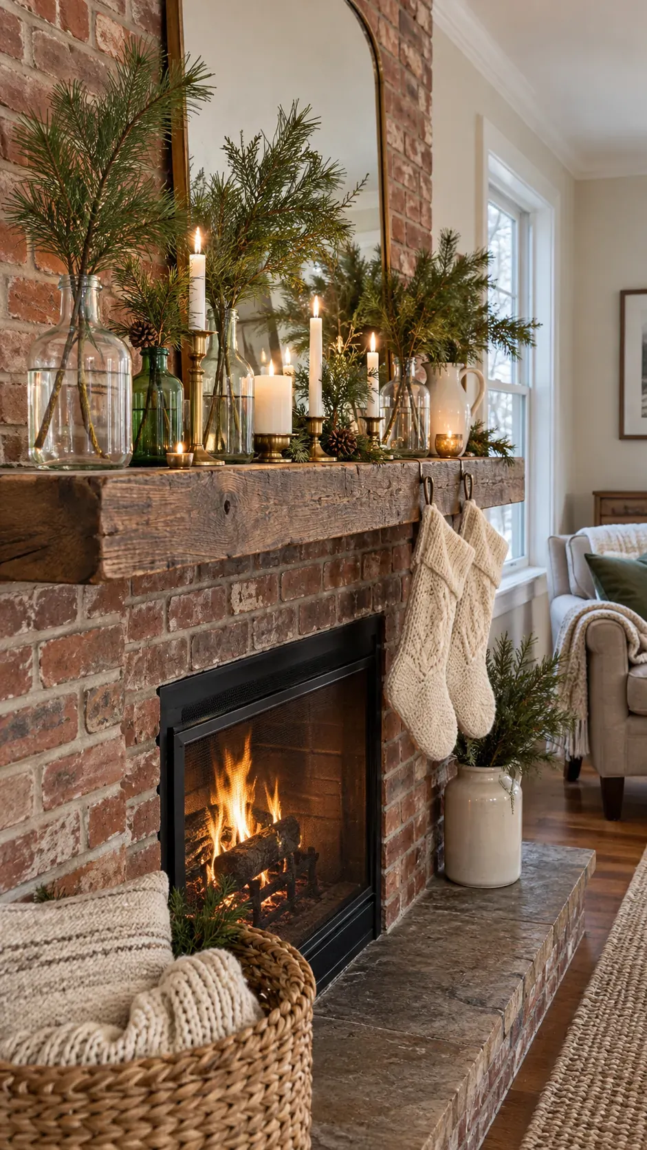 Arrange Pine Sprigs in Bottles Christmas mantel decor