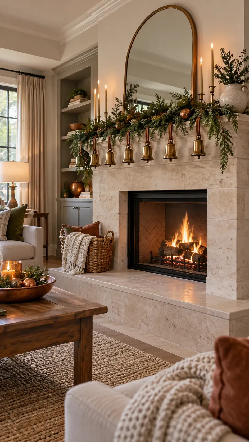 Use a Row of Brass Bells Christmas mantel decor