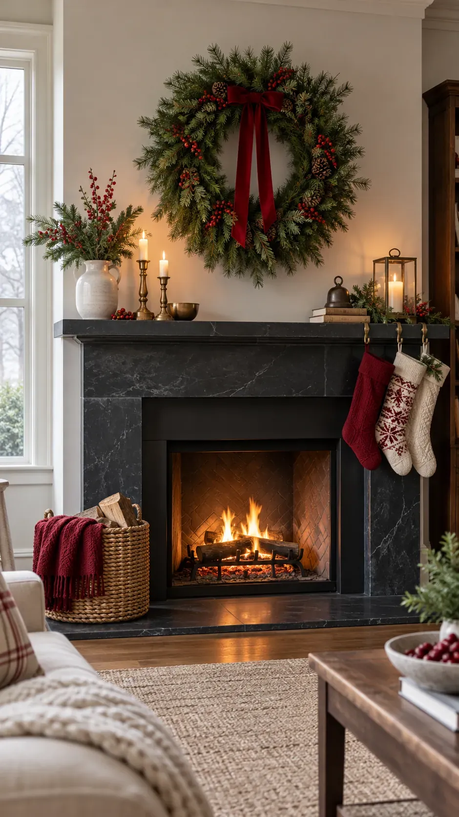 Place One Large Pine Wreath Above Christmas mantel decor